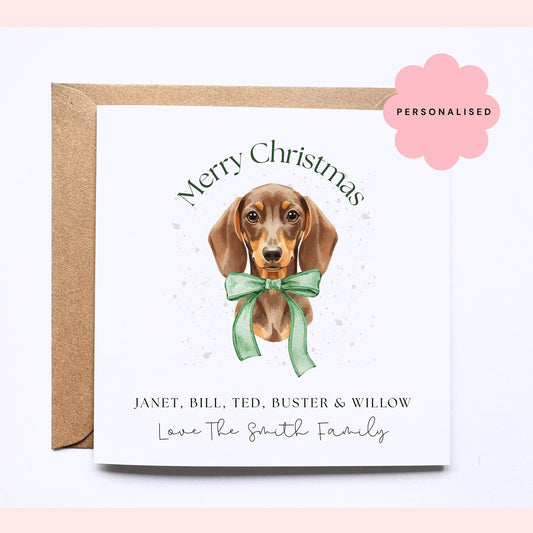 Personalised Christmas Card - Dachshund Green Bow