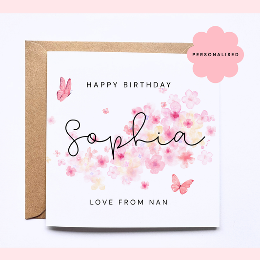 Personalised Birthday Card - pink Butterflies