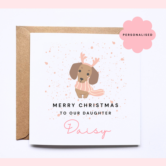 Personalised Christmas Card - Dachshund Pink Antlers