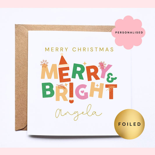 Personalised Christmas Card - Merry & Bright with foiling
