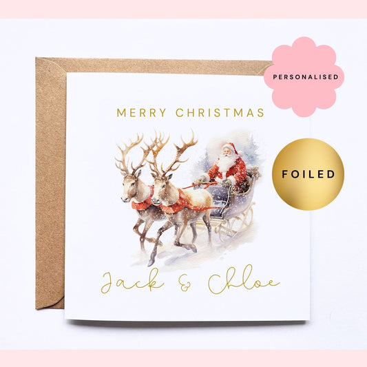 Personalised Christmas Card - Foiled Father Christmas and reindeer